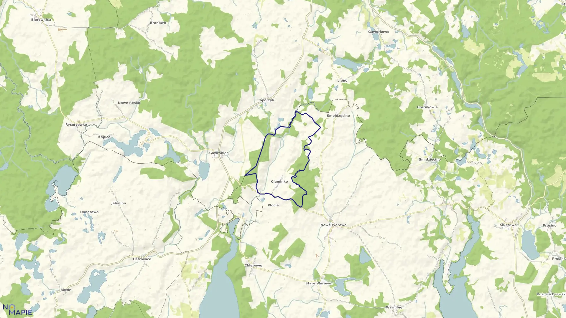 Mapa obrębu Cieminko w gminie Złocieniec