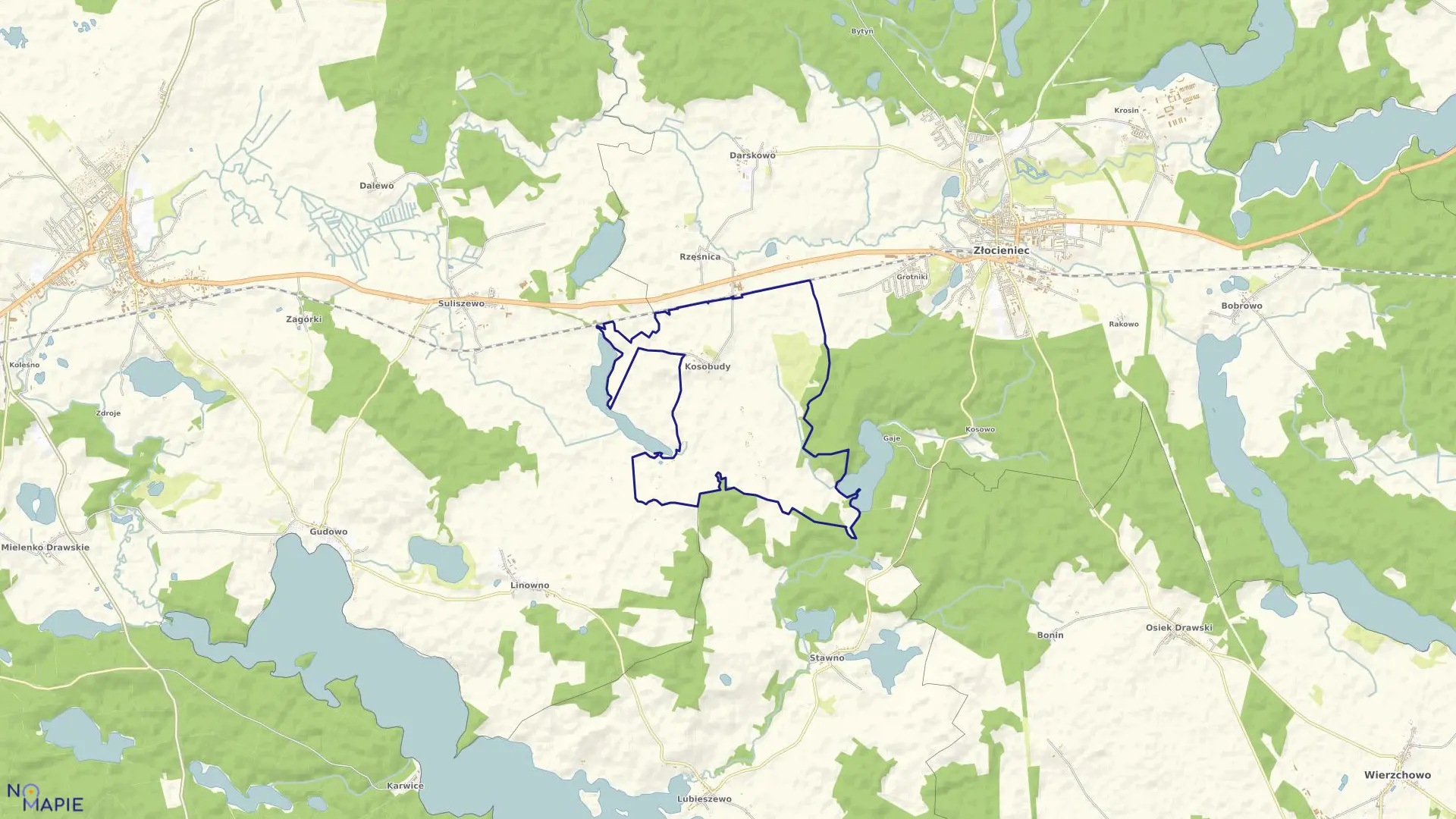 Mapa obrębu Kosobudy w gminie Złocieniec