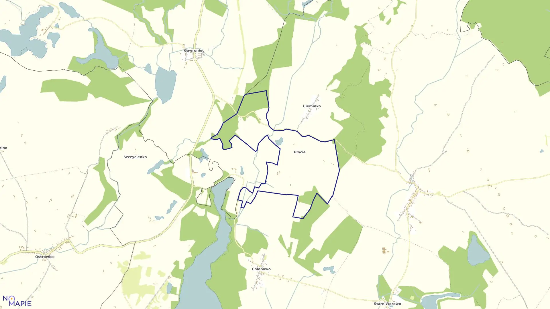 Mapa obrębu Płocie w gminie Złocieniec