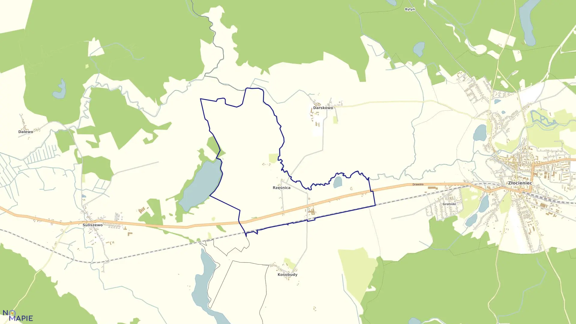 Mapa obrębu Rzęśnica w gminie Złocieniec