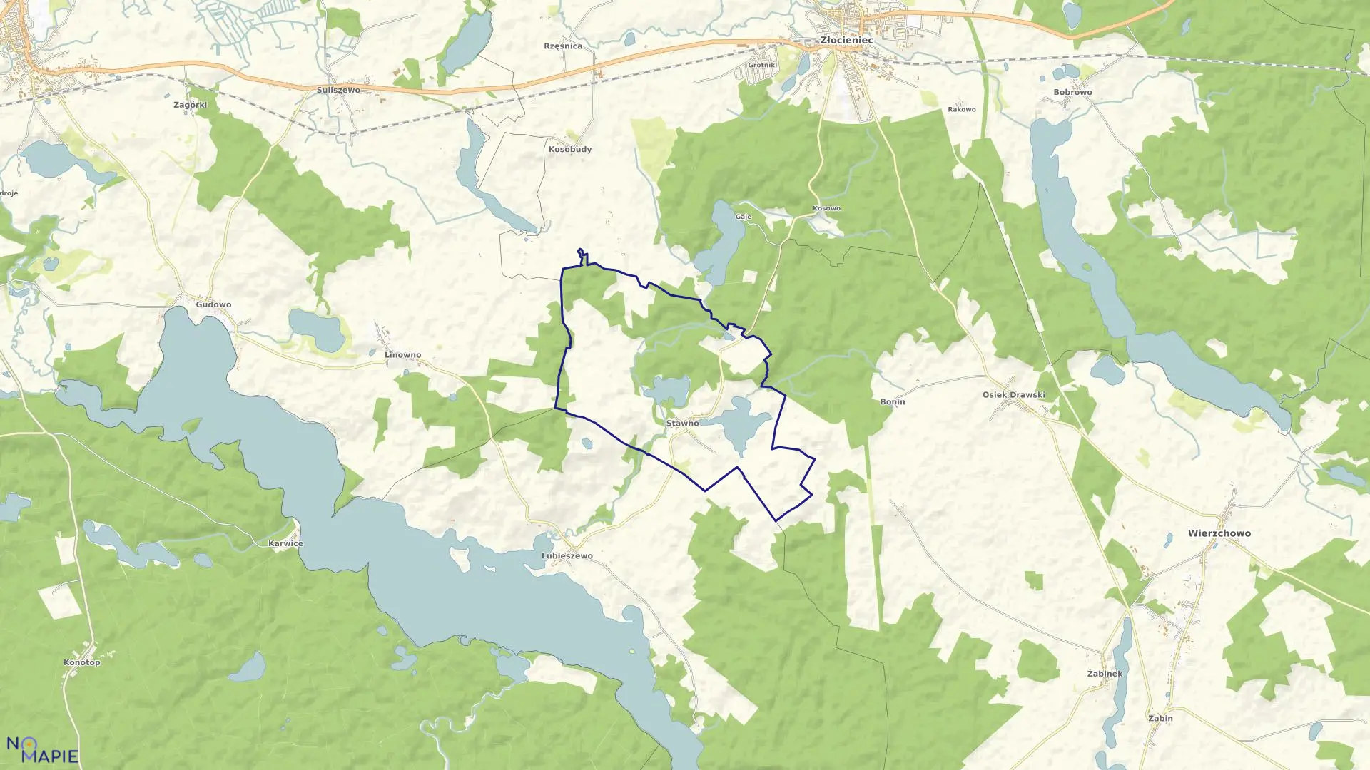 Mapa obrębu Stawno w gminie Złocieniec